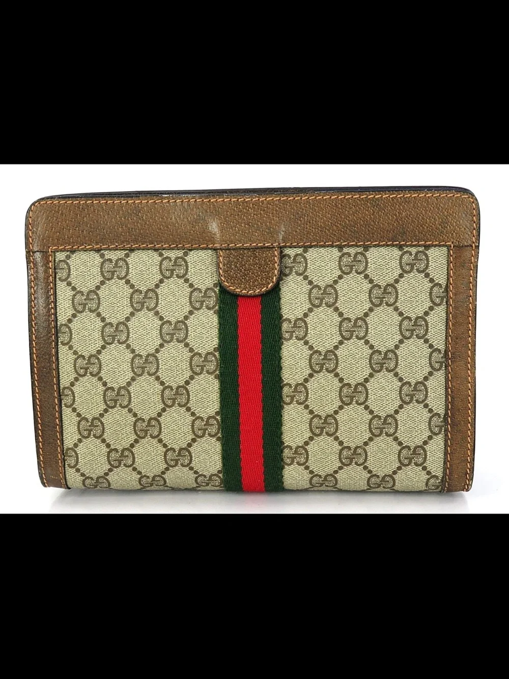 Gucci Beige GG Canvas Clutch with Green & Red Web Stripe